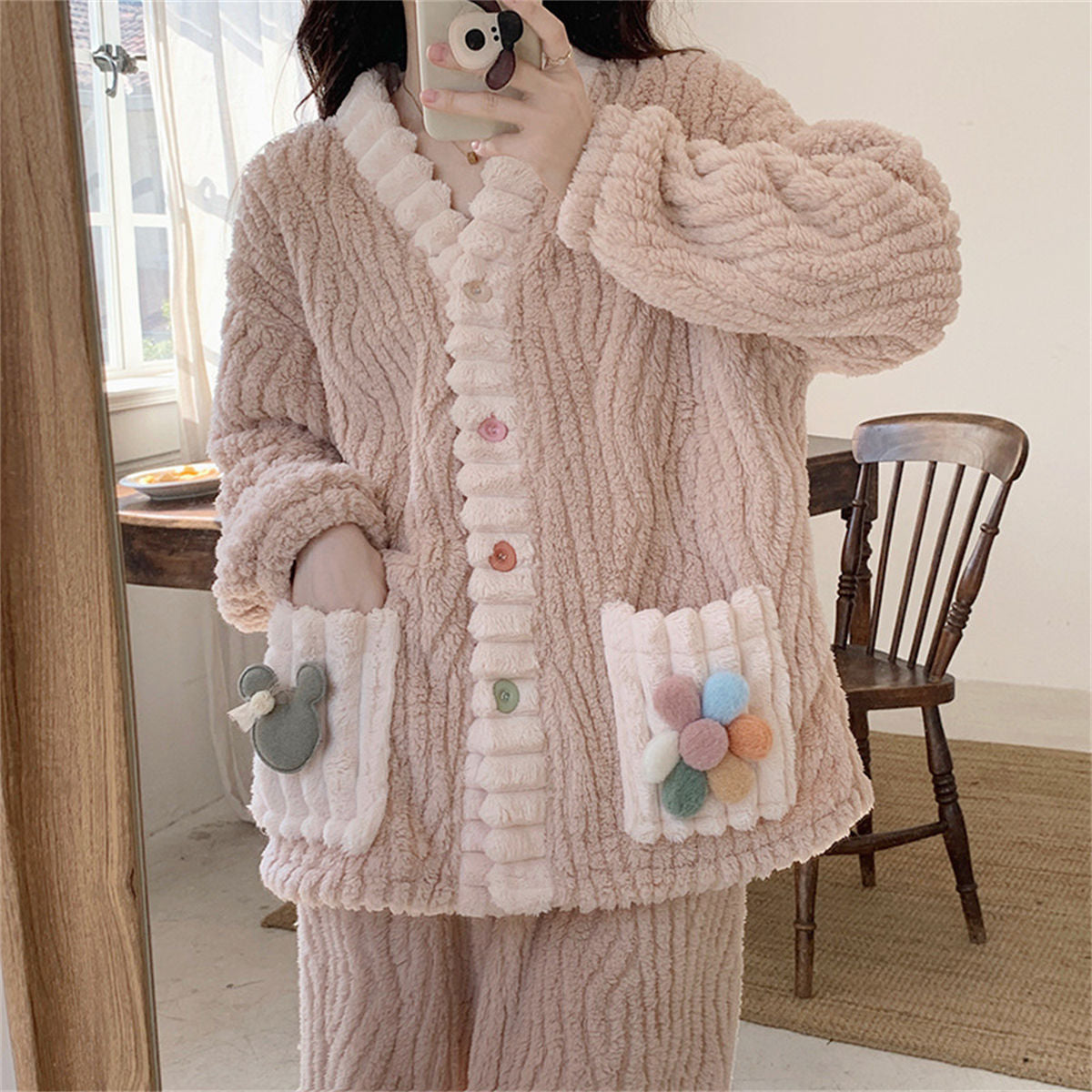 Women's cardigan flannel warm home wear suit