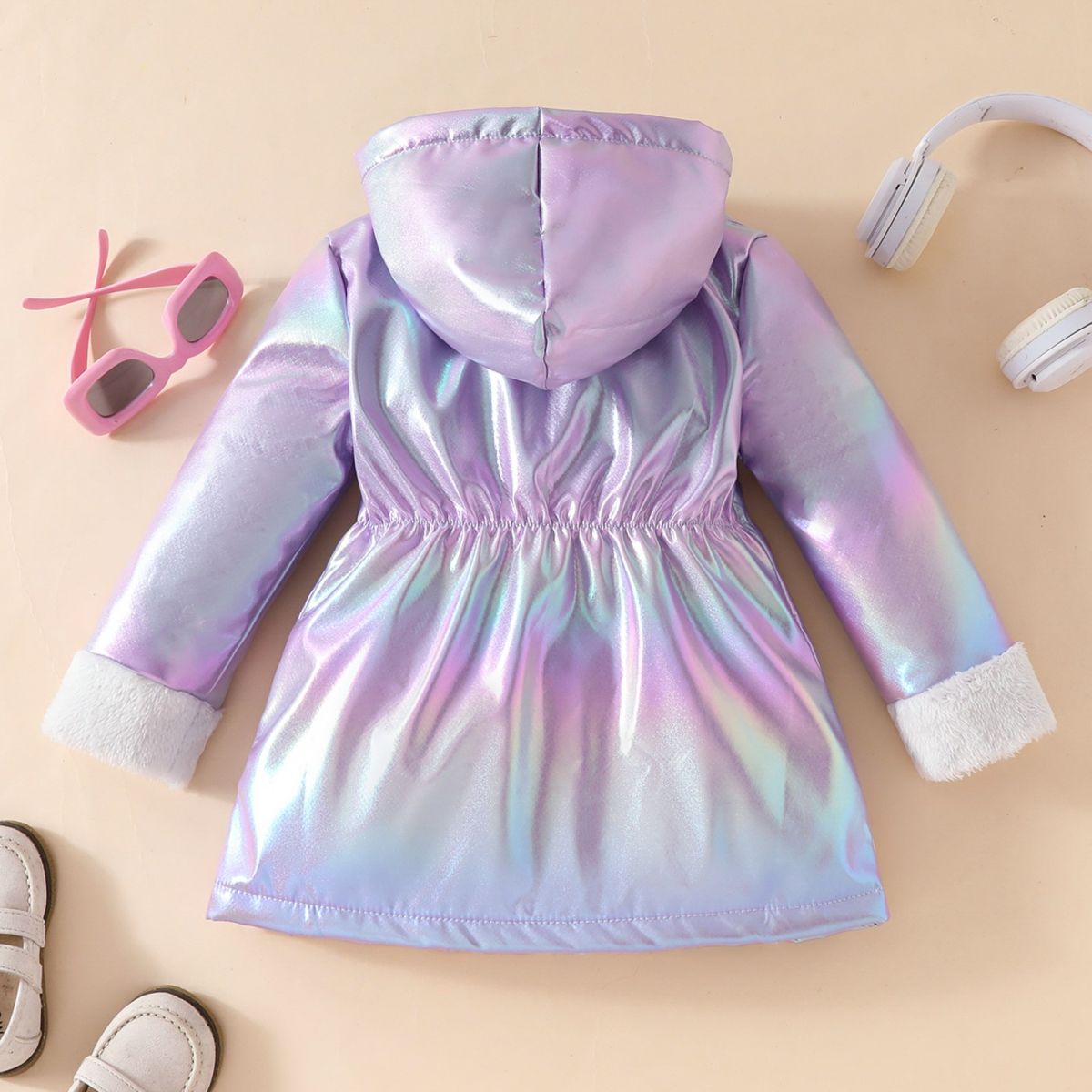 Girls' winter thickened fleece casual cute gradient color long-sleeved mid-length hooded jacket