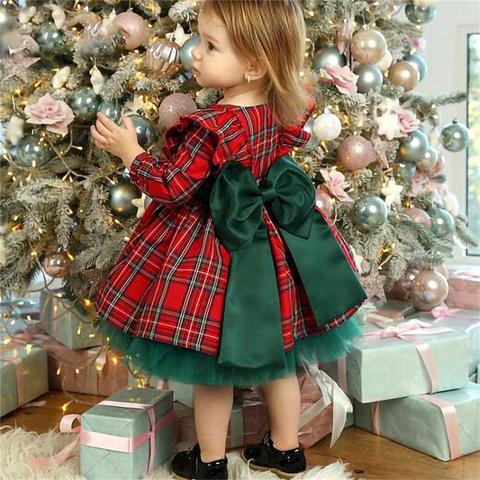 Holiday Women's Plaid Long Sleeve Dress Christmas Big Bow Mesh Princess Dress