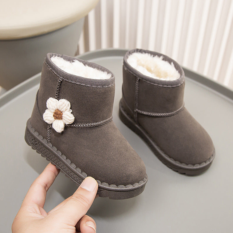 Winter solid color simple flower style warm casual snow boots high top cotton shoes for middle and large children girls