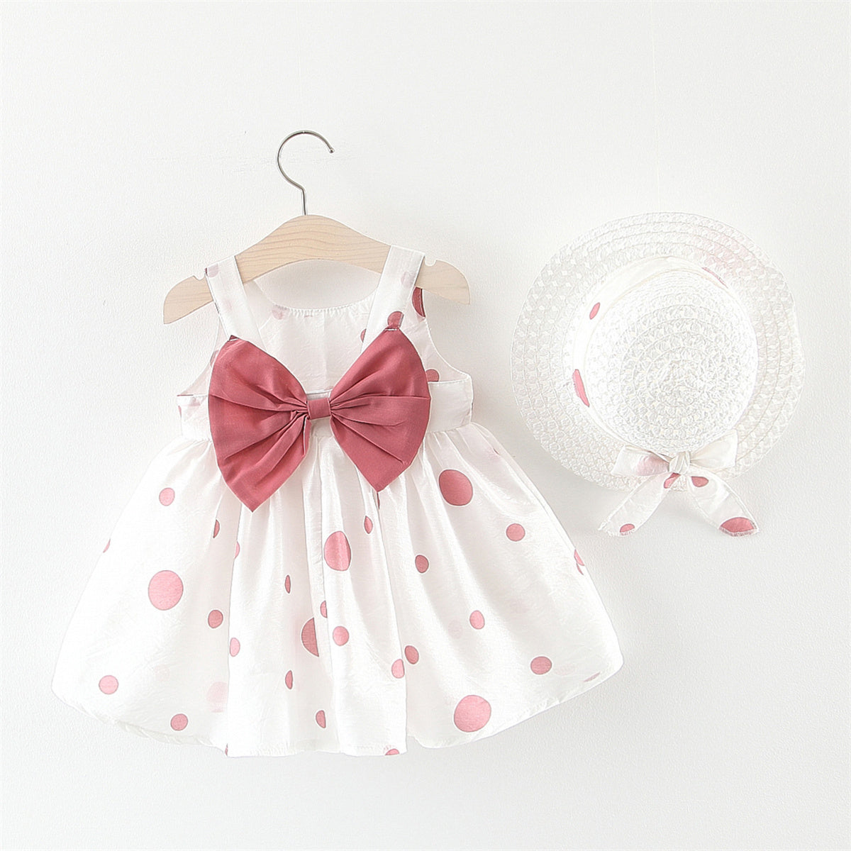 Baby girl polka dot shoulder strap sleeveless dress with hat