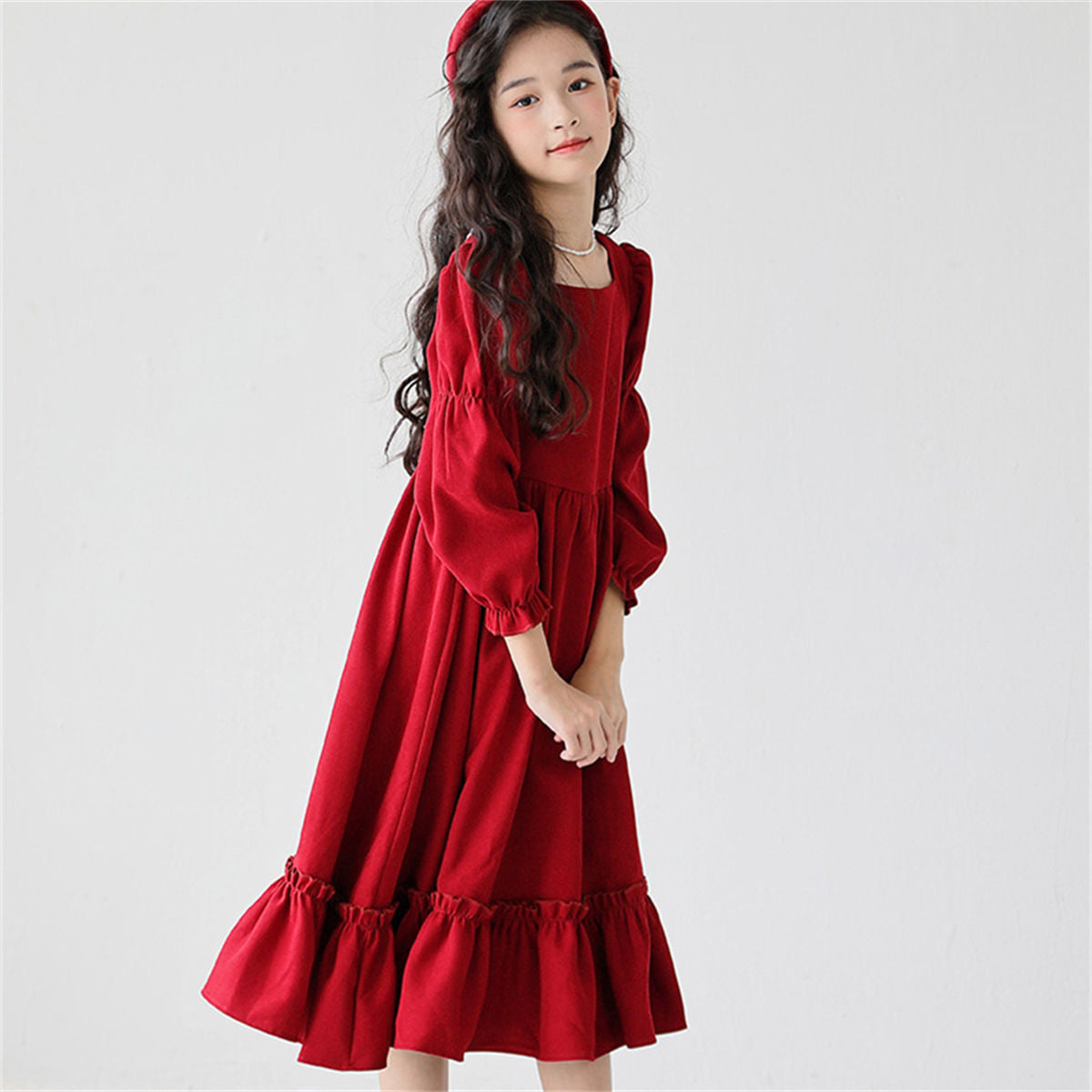 Autumn red elegant lady-style lace long-sleeved dress for middle and large girls