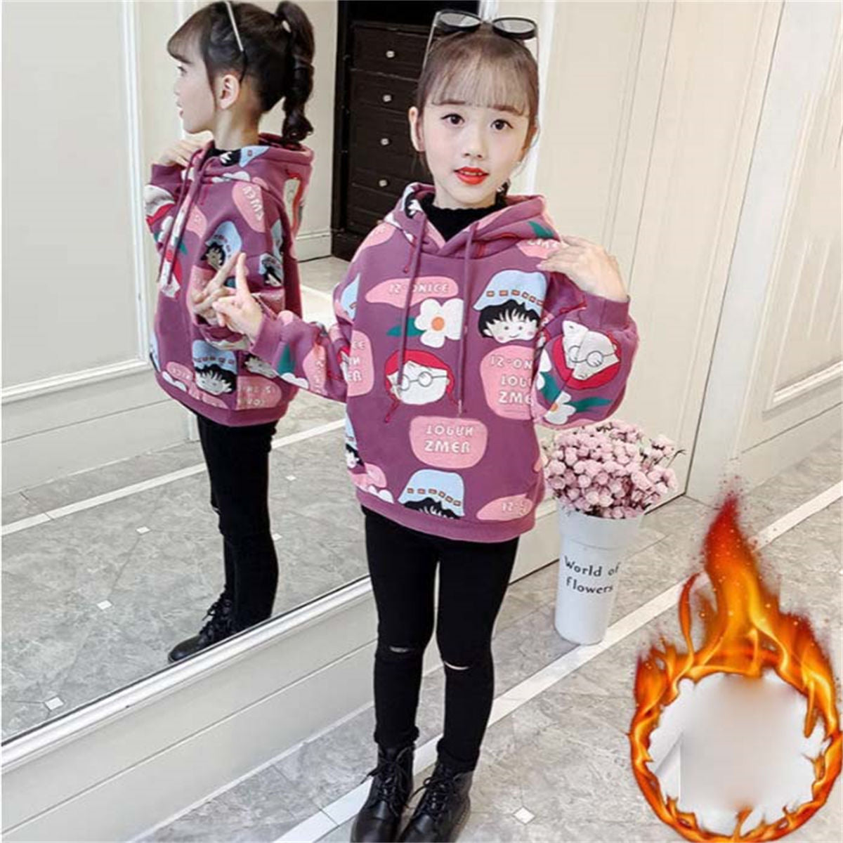 Winter plus velvet cartoon pattern cute style hooded pullover sweatshirt for middle and large children girls