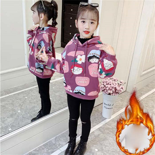 Winter plus velvet cartoon pattern cute style hooded pullover sweatshirt for middle and large children girls