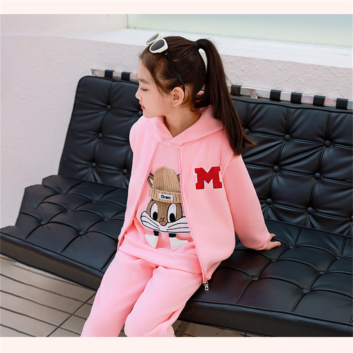 Girls autumn and winter three-piece suits plus velvet and thick sports casual style cute pattern multi-piece suit