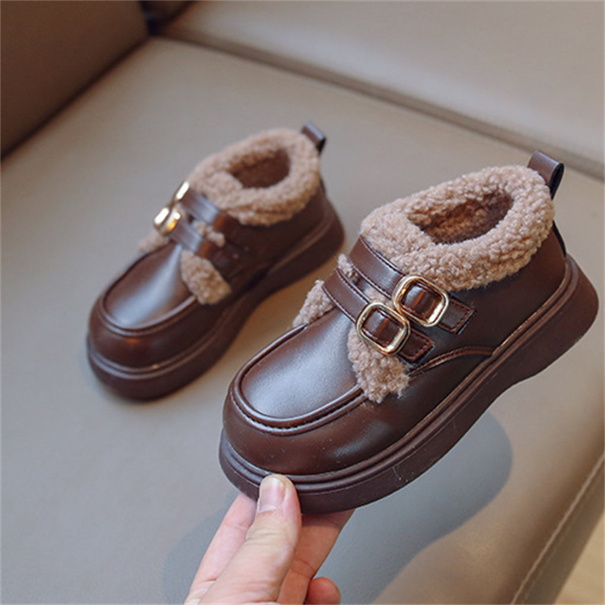 Children's girls' winter style British style plus velvet warm leather shoes low-top cotton shoes