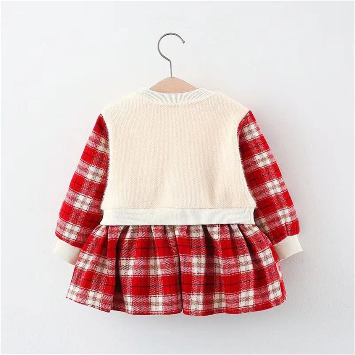 Winter Thickened Girls Plaid Bear Fake Two-piece Long Sleeve Dress