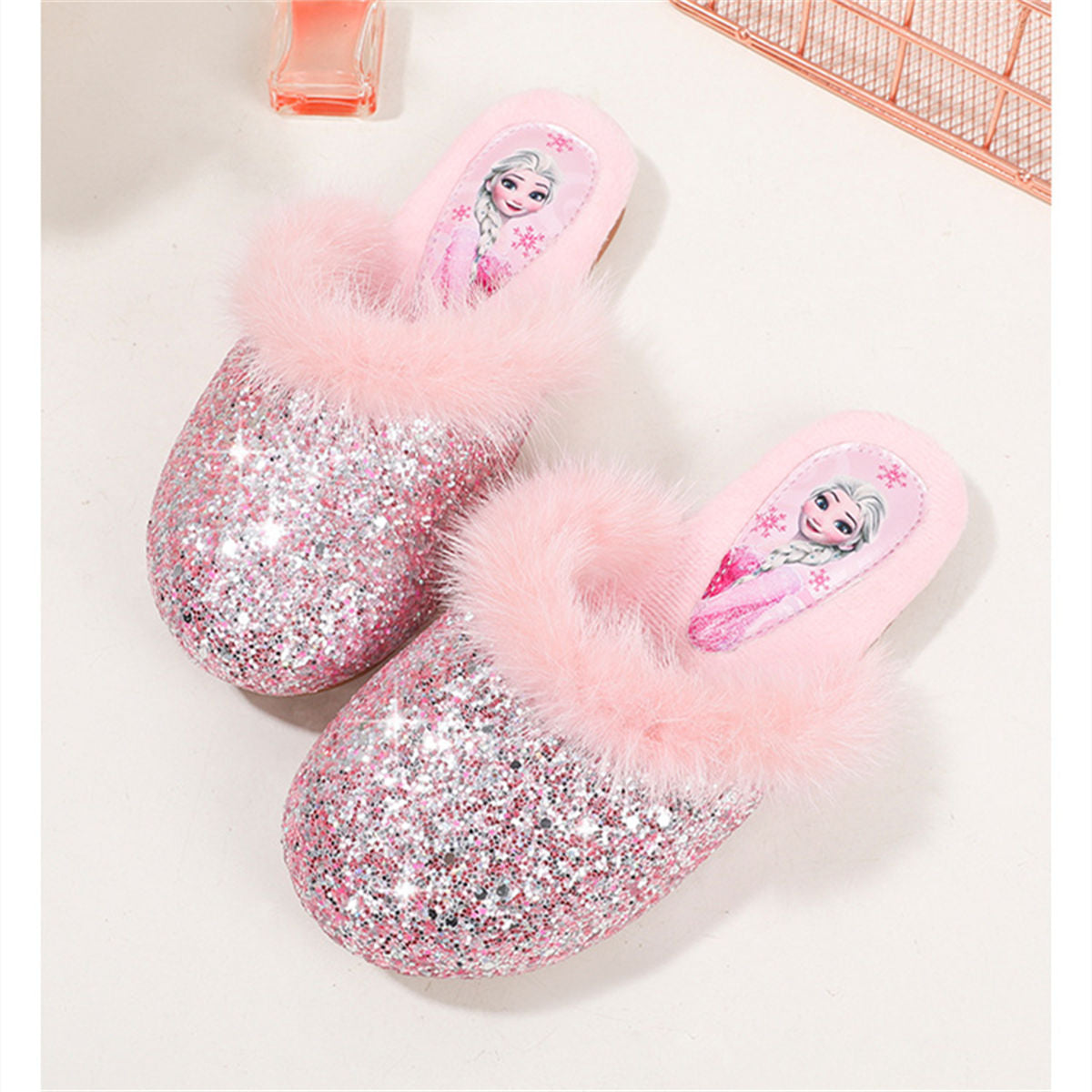 Winter Princess Elsa fur-edged sequined cotton slippers for middle and older girls