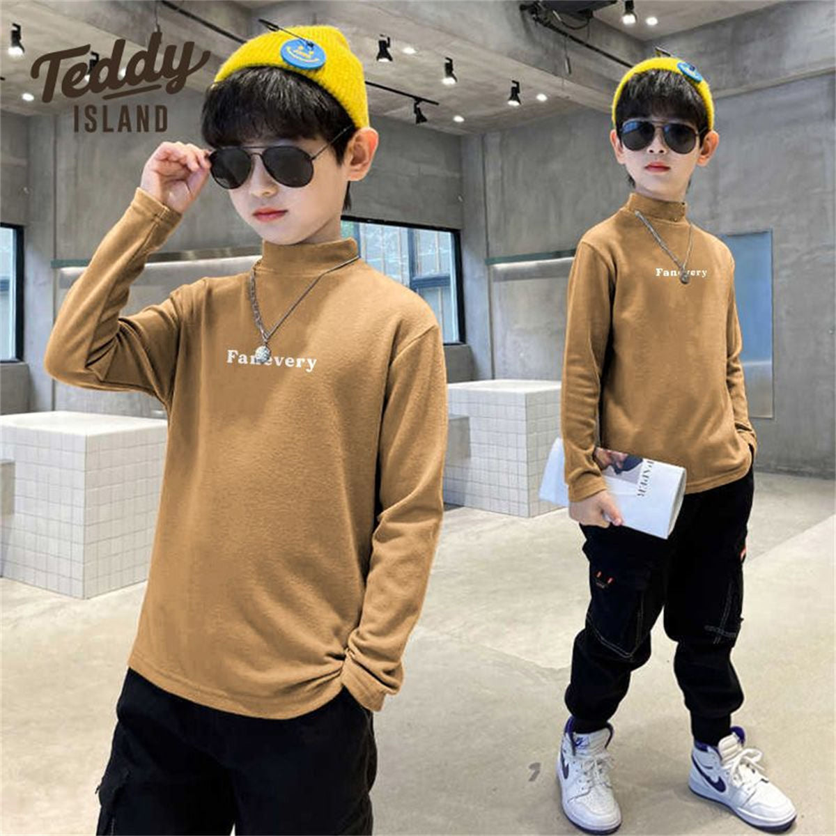 Winter simple letter style plus velvet warm half-high collar bottoming shirt for middle and large boys