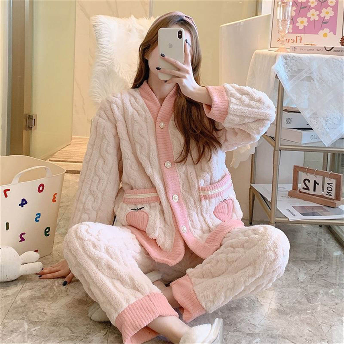 Peach Coral Velvet Padded and Thickened Pajama Set