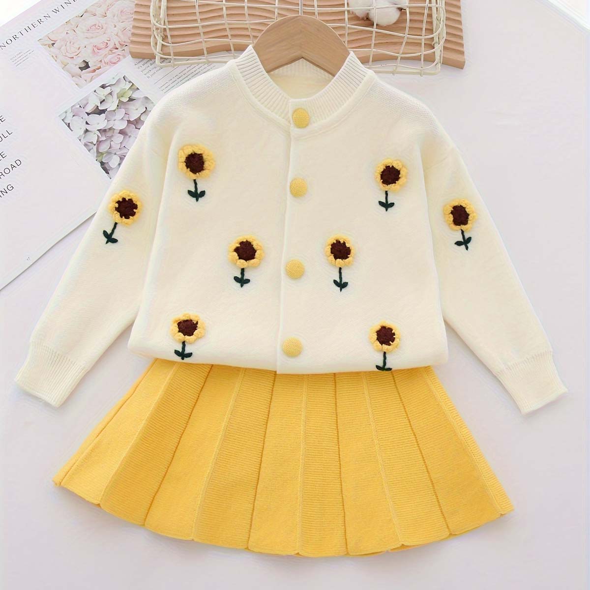 New arrival sweet girls flower knitted cardigan wool skirt two-piece set girls strawberry sweater suit skirt