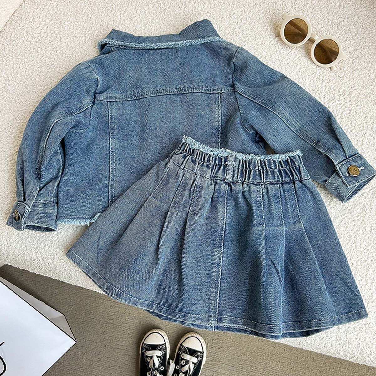 Blue retro lapel long-sleeved denim jacket pleated skirt suit fashionable two-piece suit