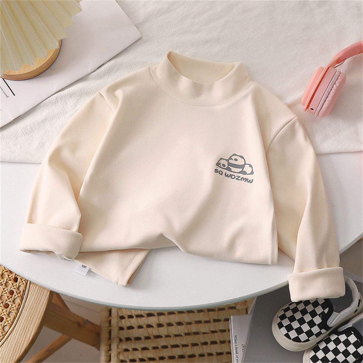 Winter half-high collar inner wear for medium and large children's boys and girls, warm and cute patterned bottoming shirts