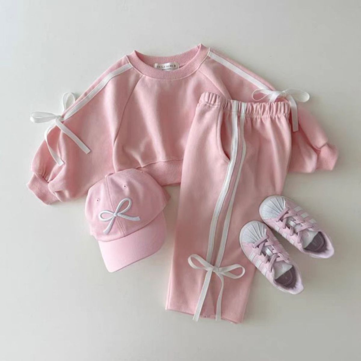 Long-sleeved trousers for spring and autumn sports girls baby bow bar stitching sweater set all-match