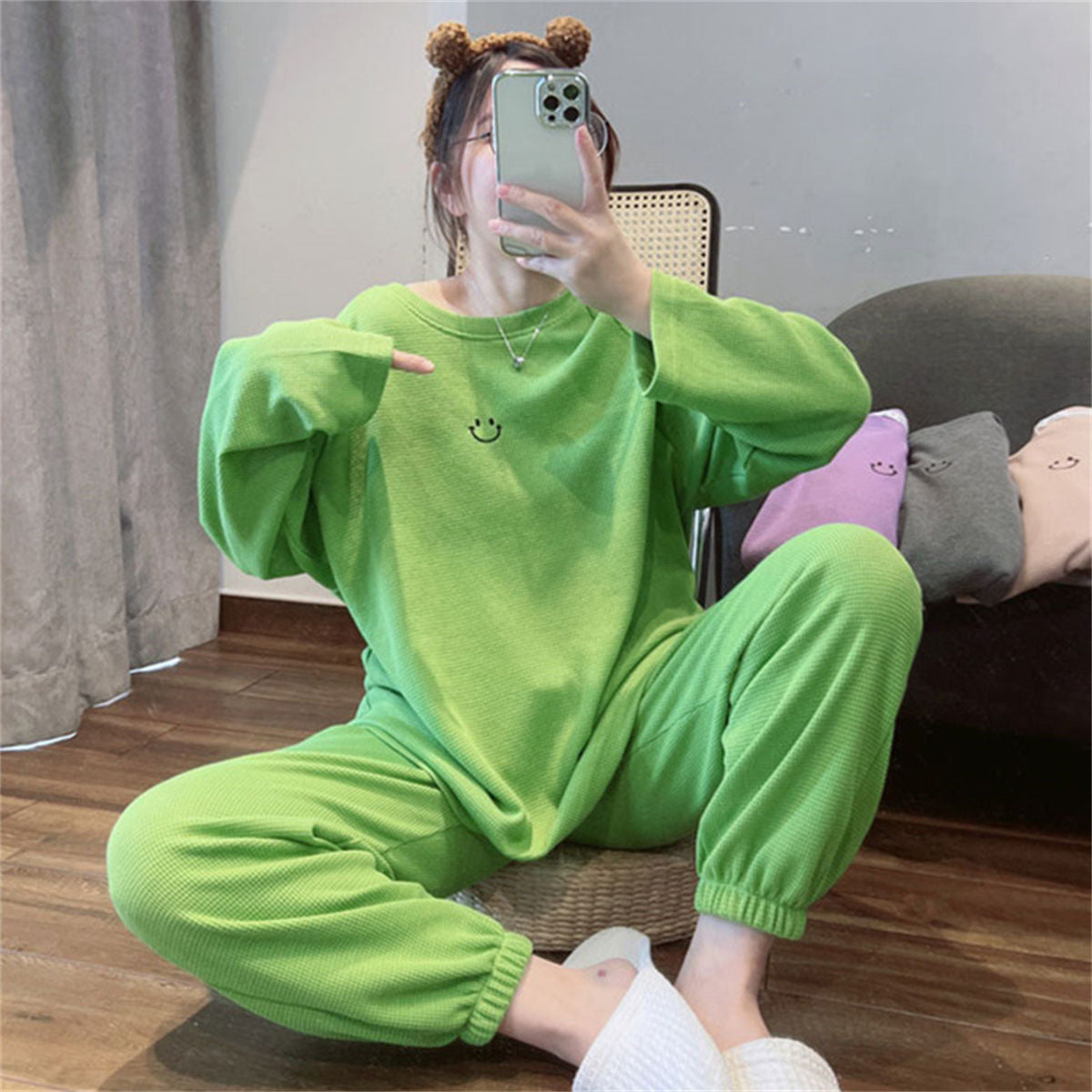 Long-sleeved waffle pajamas sweet girl round neck loose casual home clothes