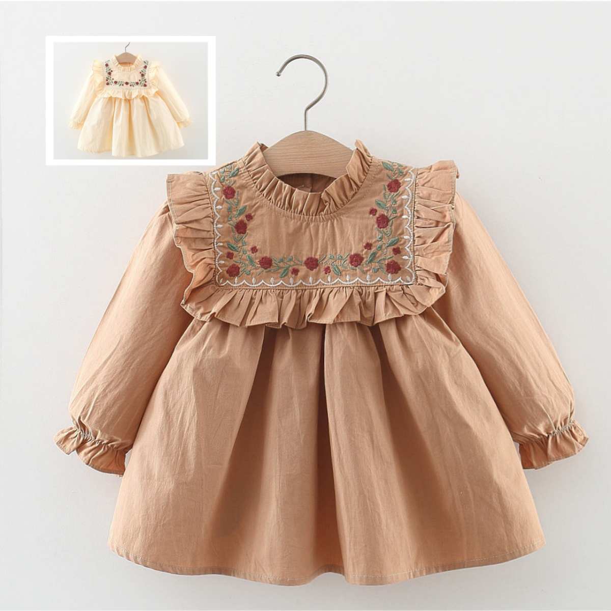 Girls autumn embroidered baby collar dress long sleeve retro dress