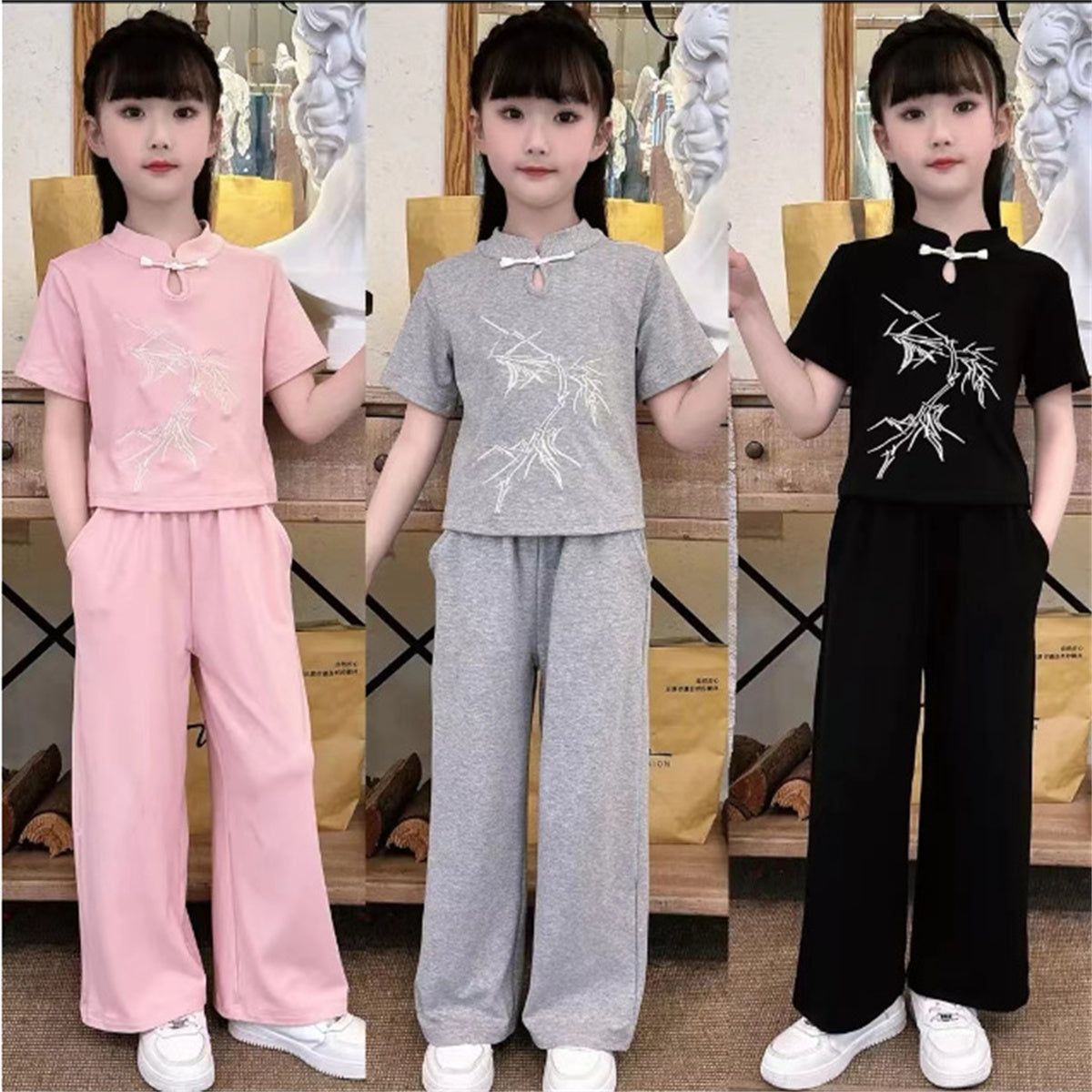 Girls solid color casual fashion temperament summer new short-sleeved trousers two-piece suit