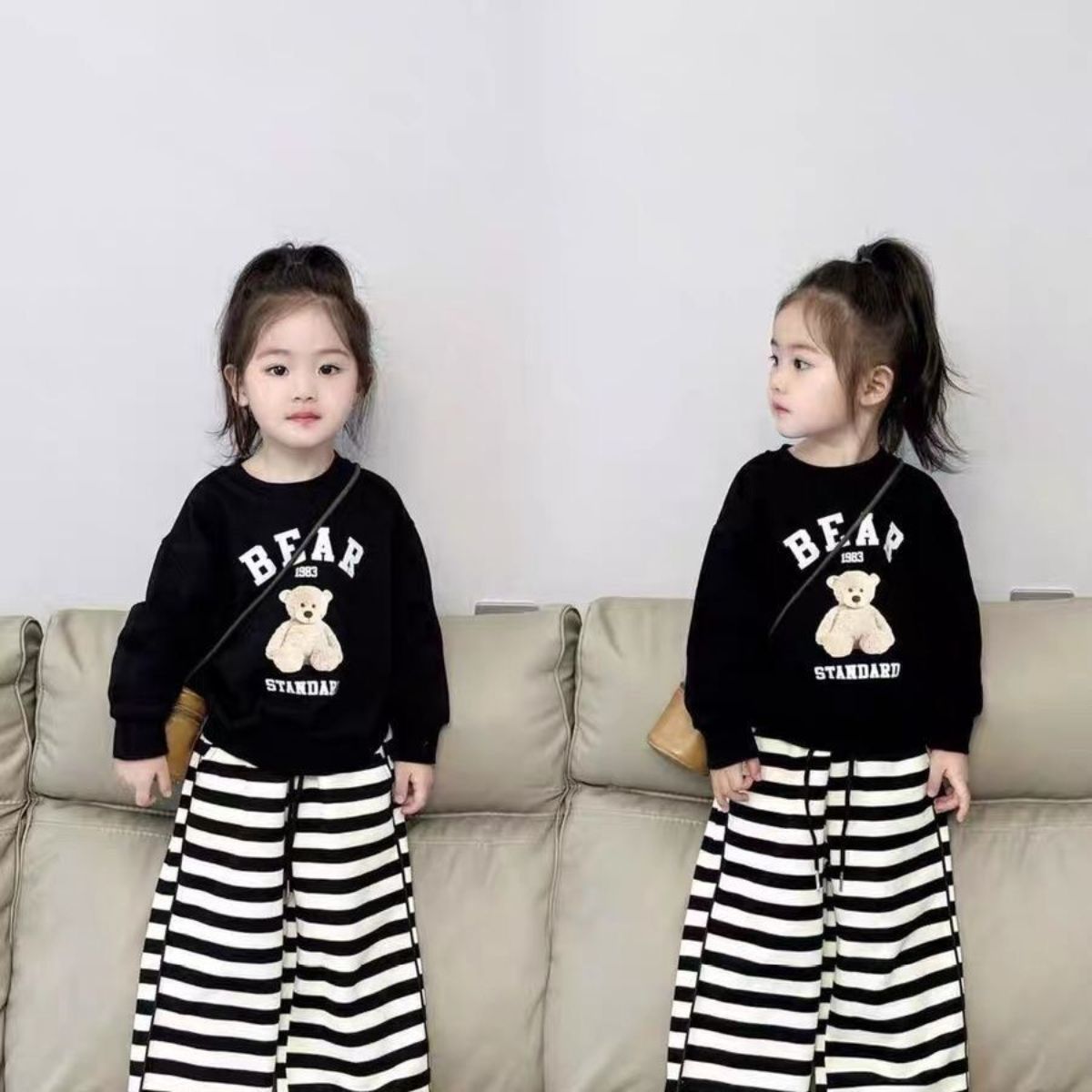 Girls Cartoon Sweatshirt Striped Wide Leg Pants Suit Casual Two-piece Suit