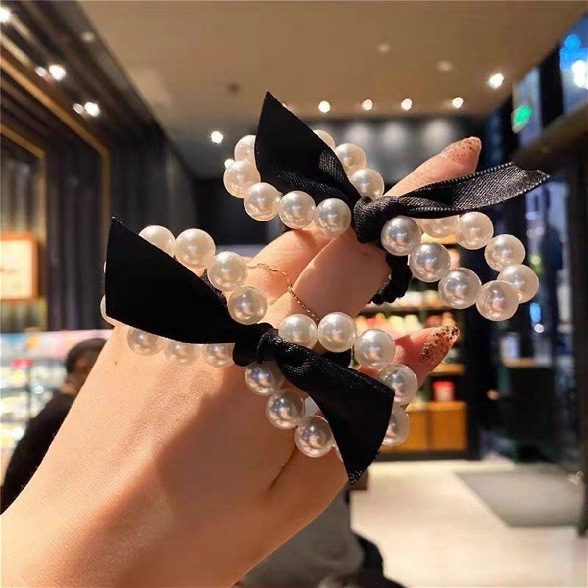 Adult pearl bow ribbon style simple and elegant hair rope