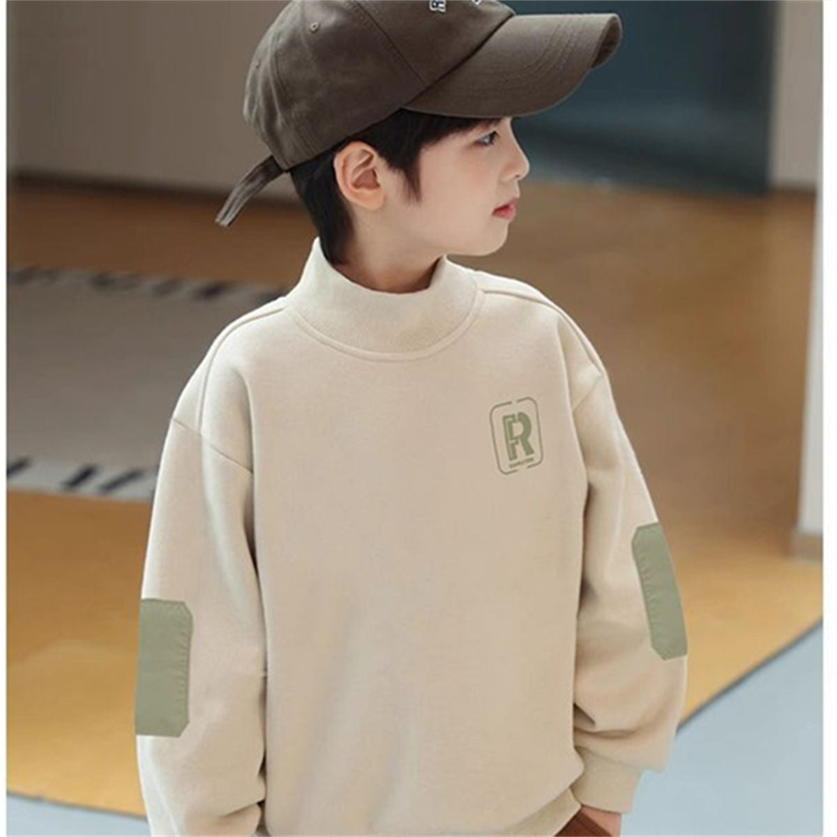 Winter plus velvet fashionable letter casual color matching style bottoming shirt for middle and large boys