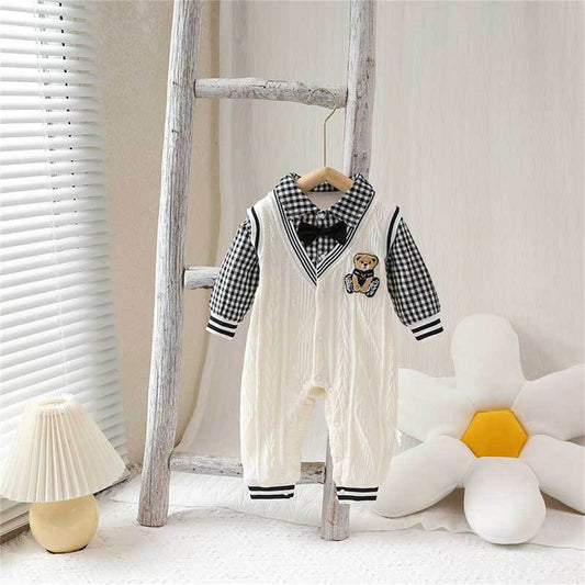 Infant and toddler long-sleeved jumpsuit knitted fake two-piece gentleman bear double-layer going out clothes