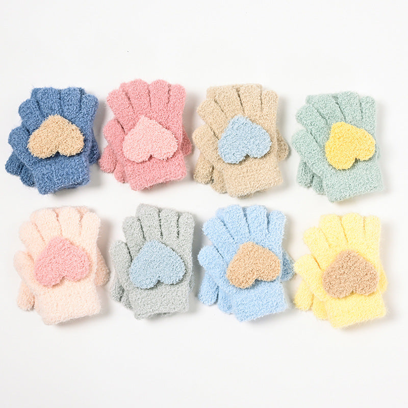 Children's Girls Love Knitted Autumn and Winter Five-Finger Warm Thickened Gloves