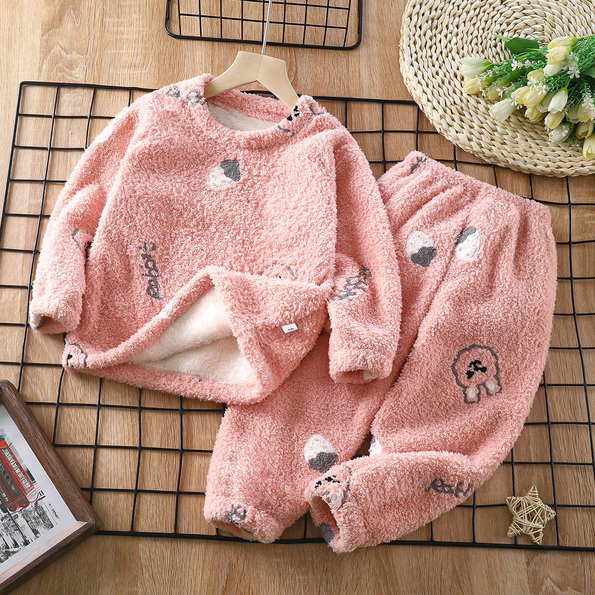 Fluffy warm home clothes two-piece set cartoon cute pajamas home set