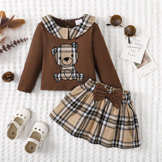 Doll Collar Bear Embroidery Plaid Skirt Suit