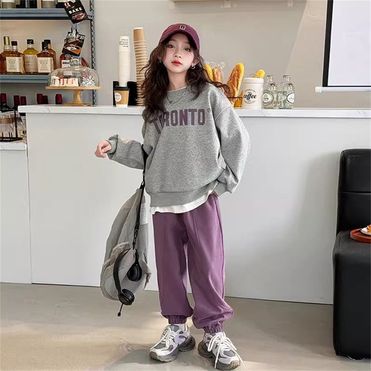 Autumn color matching letter style sports T-shirt suit for middle and large girls