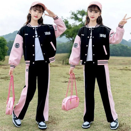 Autumn color matching simple sports style baseball uniform suit for middle and large children and girls