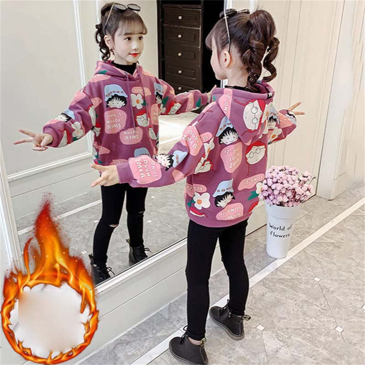 Winter plus velvet cartoon pattern cute style hooded pullover sweatshirt for middle and large children girls