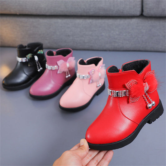 Cute furry and diamond warm waterproof Martin boots for girls in winter