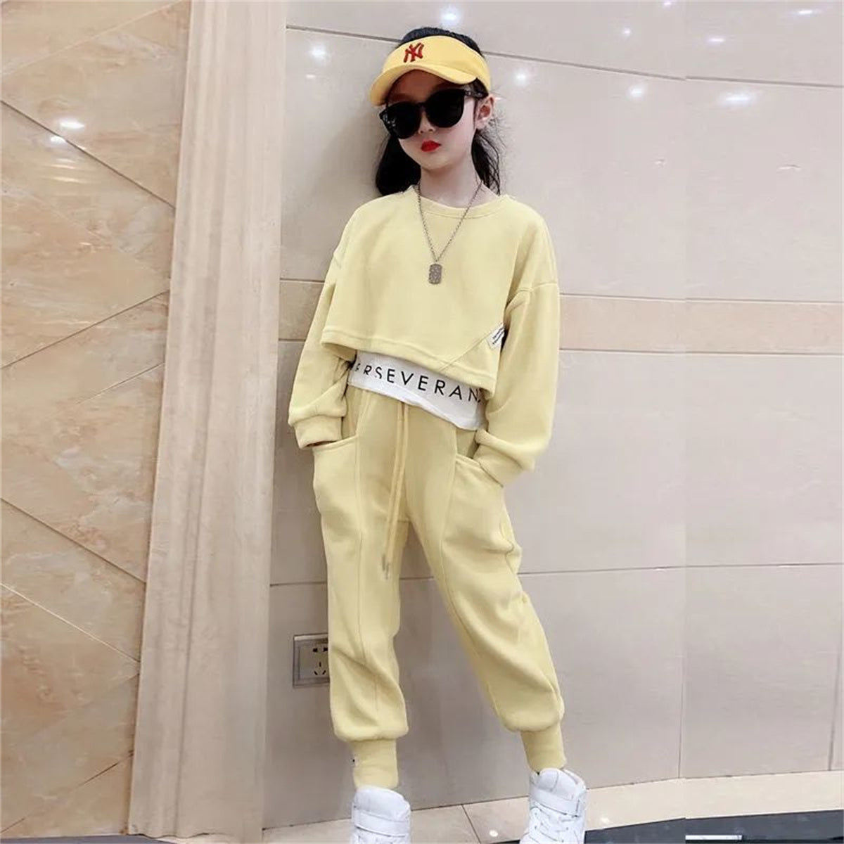 Solid color versatile casual children's clothing suit long-sleeved sweatshirt children's two-piece sportswear