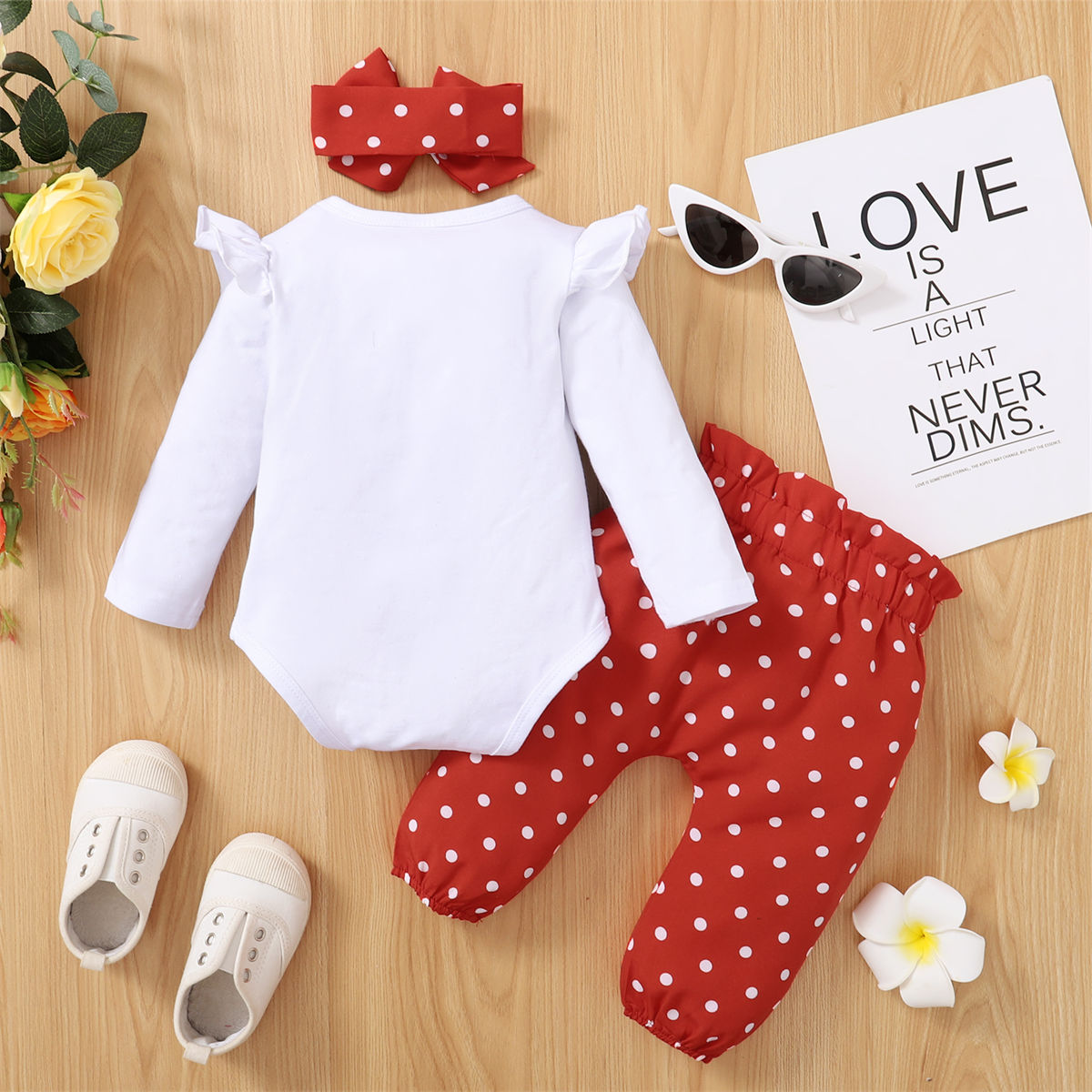 Heart Embroidered Polka Dot Romper Set + Headscarf