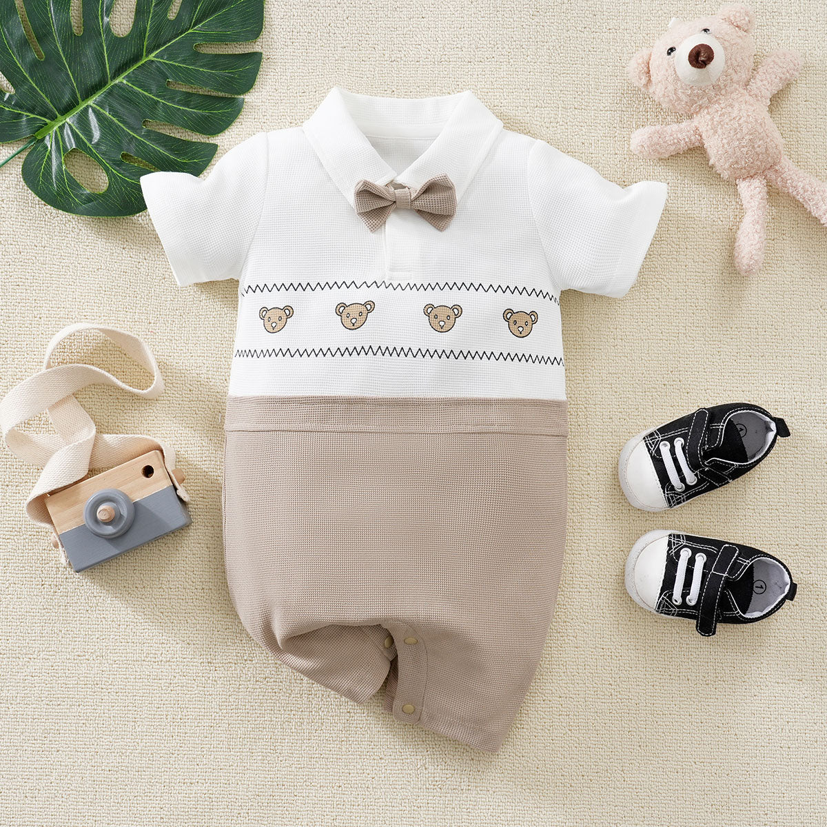 Baby's Color Block Gentleman Style Short Sleeve Romper