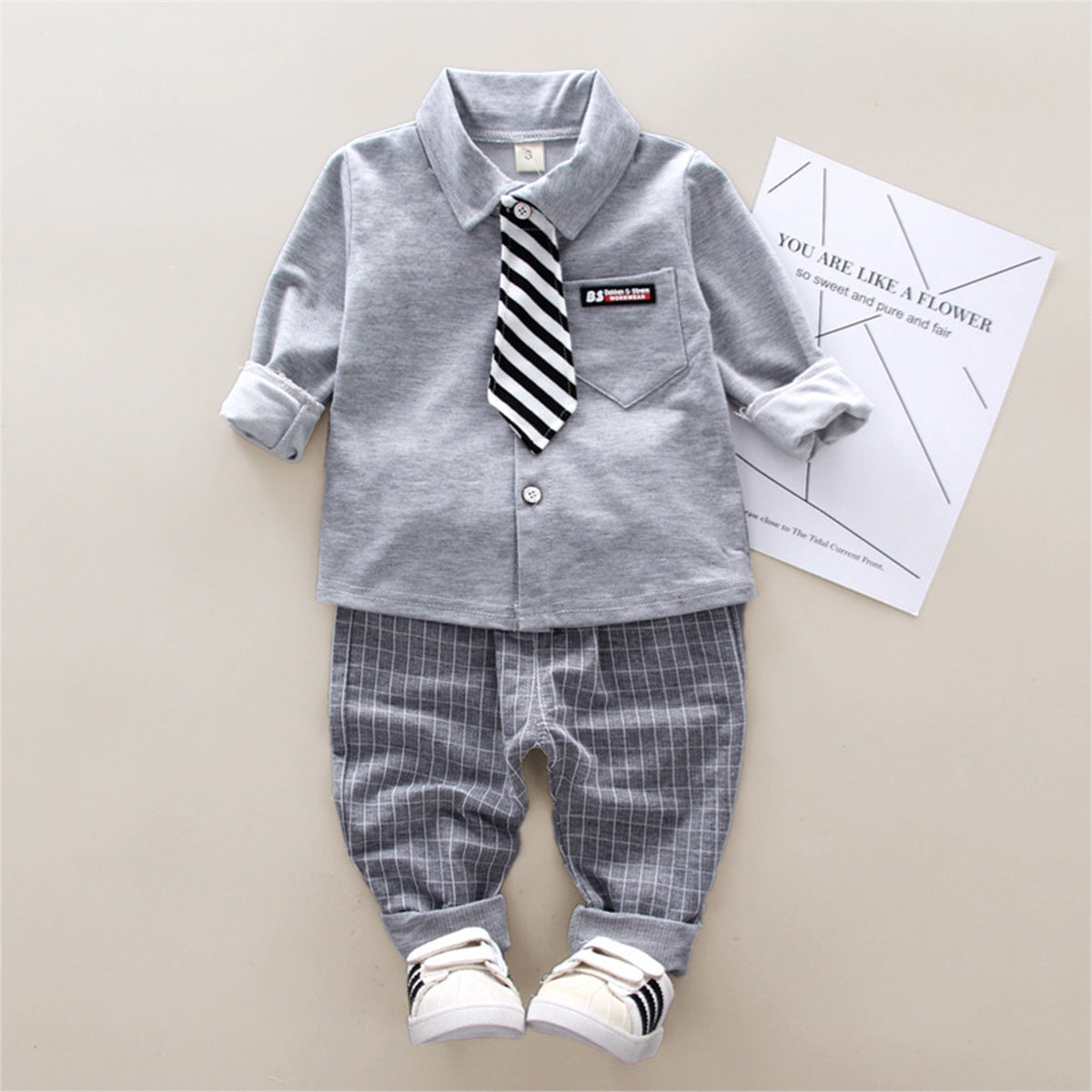 2-piece Toddler Boy Solid Color Letter Printed Lapel Shirt & Striped Straight Pants