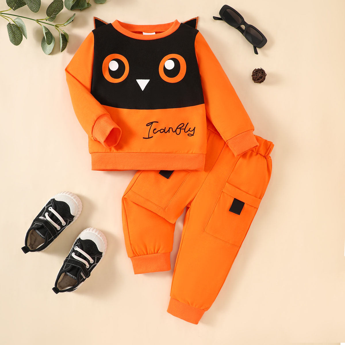 Baby Boy 2-piece Owl Pattern Spring and Autumn Long Sleeve Outfit Halloween Toddler Cute Casual Clothing