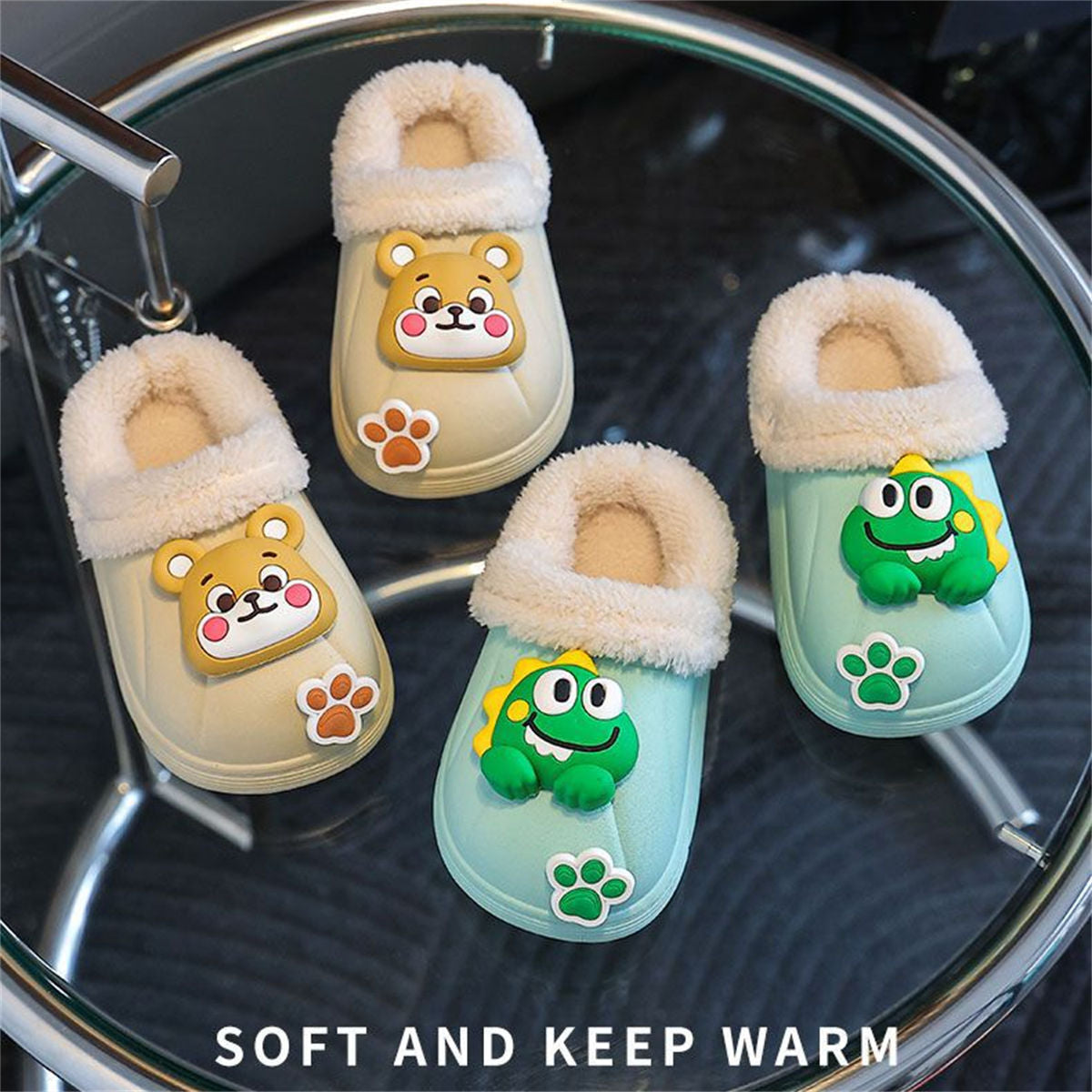 Winter waterproof plush 3D cartoon bear pattern cotton slippers for boys and girls