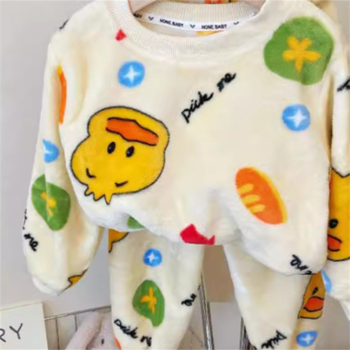 Flannel Pajamas Children's Coral Fleece Boys Girls Baby Cartoon Round Neck Home Clothes Plush Thickened Set