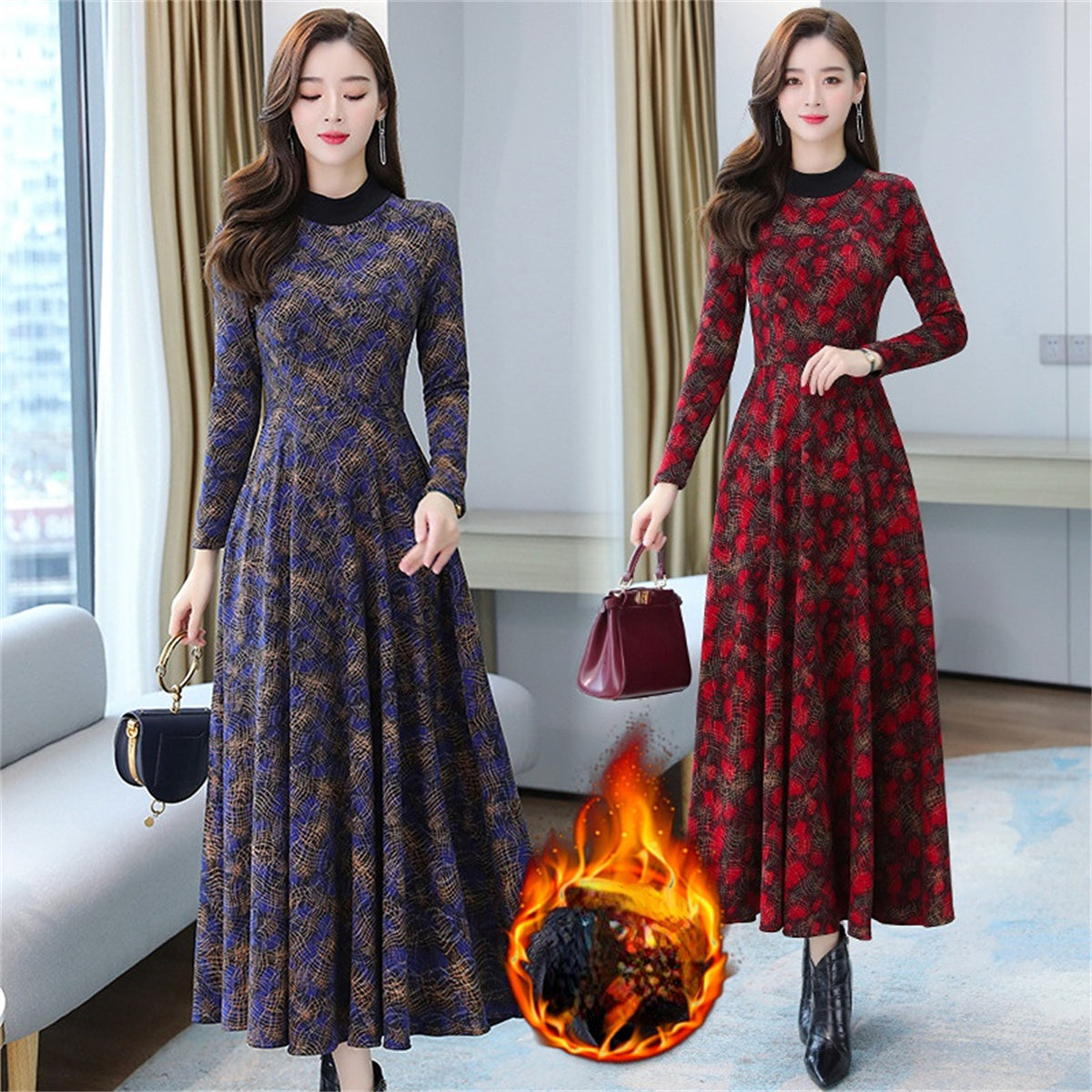 Warm mother's velvet dress knee-length dress