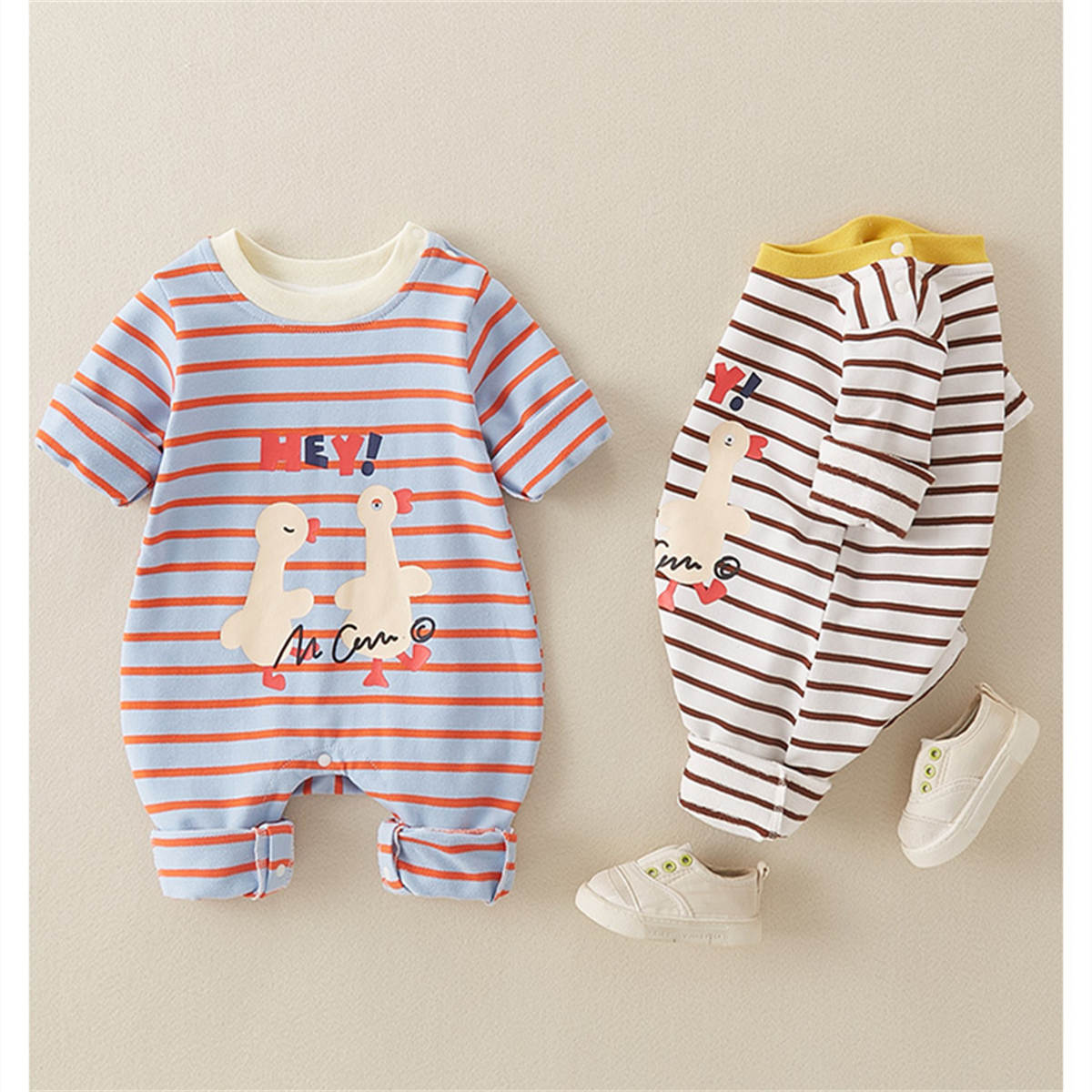 Autumn newborn pure cotton single layer comfortable cartoon striped romper