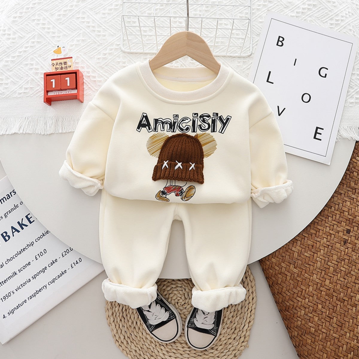 New autumn and winter new style baby plus fleece sweater suit girls leisure one-piece fleece round neck winter wear two-piece sweater