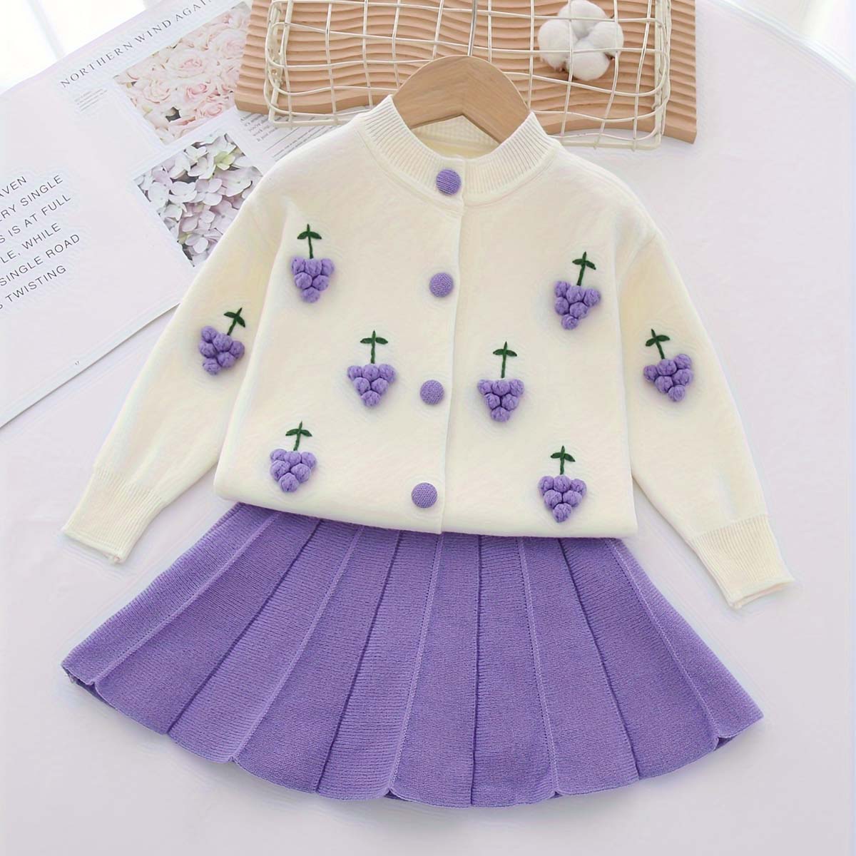 New arrival sweet girls flower knitted cardigan wool skirt two-piece set girls strawberry sweater suit skirt