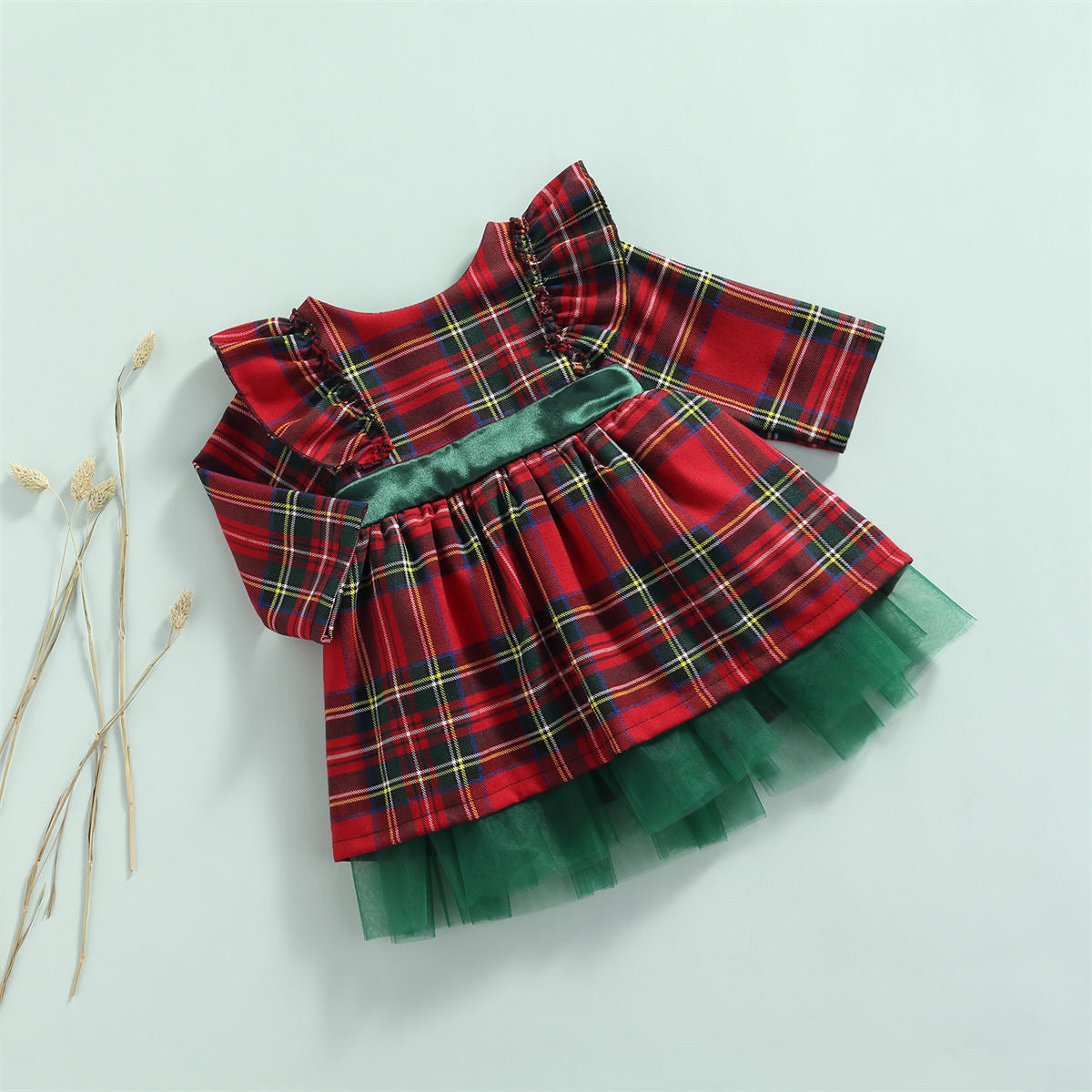 Holiday Women's Plaid Long Sleeve Dress Christmas Big Bow Mesh Princess Dress