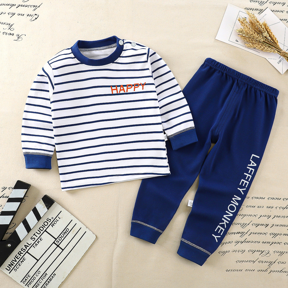 Children's striped fashion cartoon long-sleeved home wear pajamas set