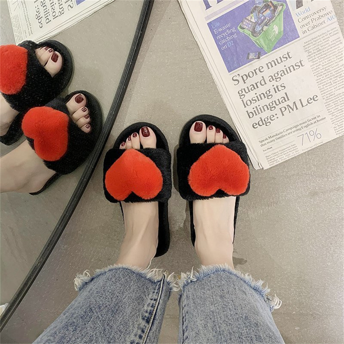 Furry love heart style autumn and winter temperament slippers shallow mouth women flat heel flat bottom daily home furry cotton slippers love word fur slippers