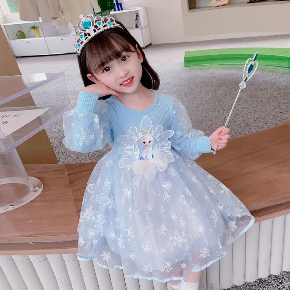 Girls Autumn Long Sleeve Elsa Princess Dress Children's Frozen Elsa Dress Baby Girl Super Fairy Mesh Dress