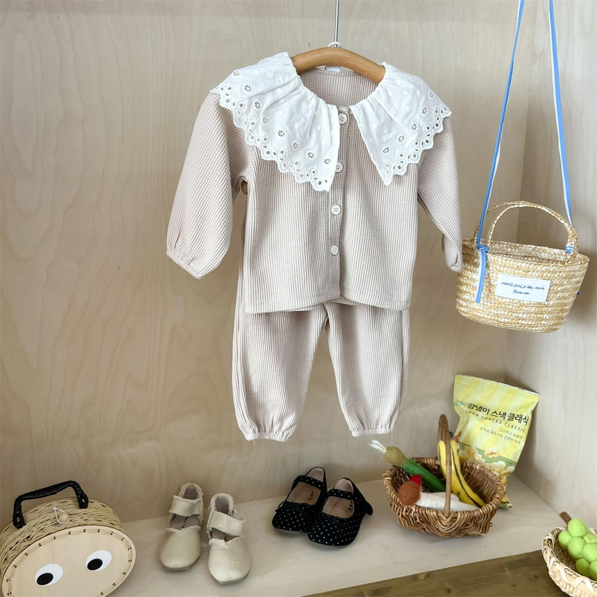 Baby Girl Lapel Long Sleeve Top + Pants Waffle Two Piece Set