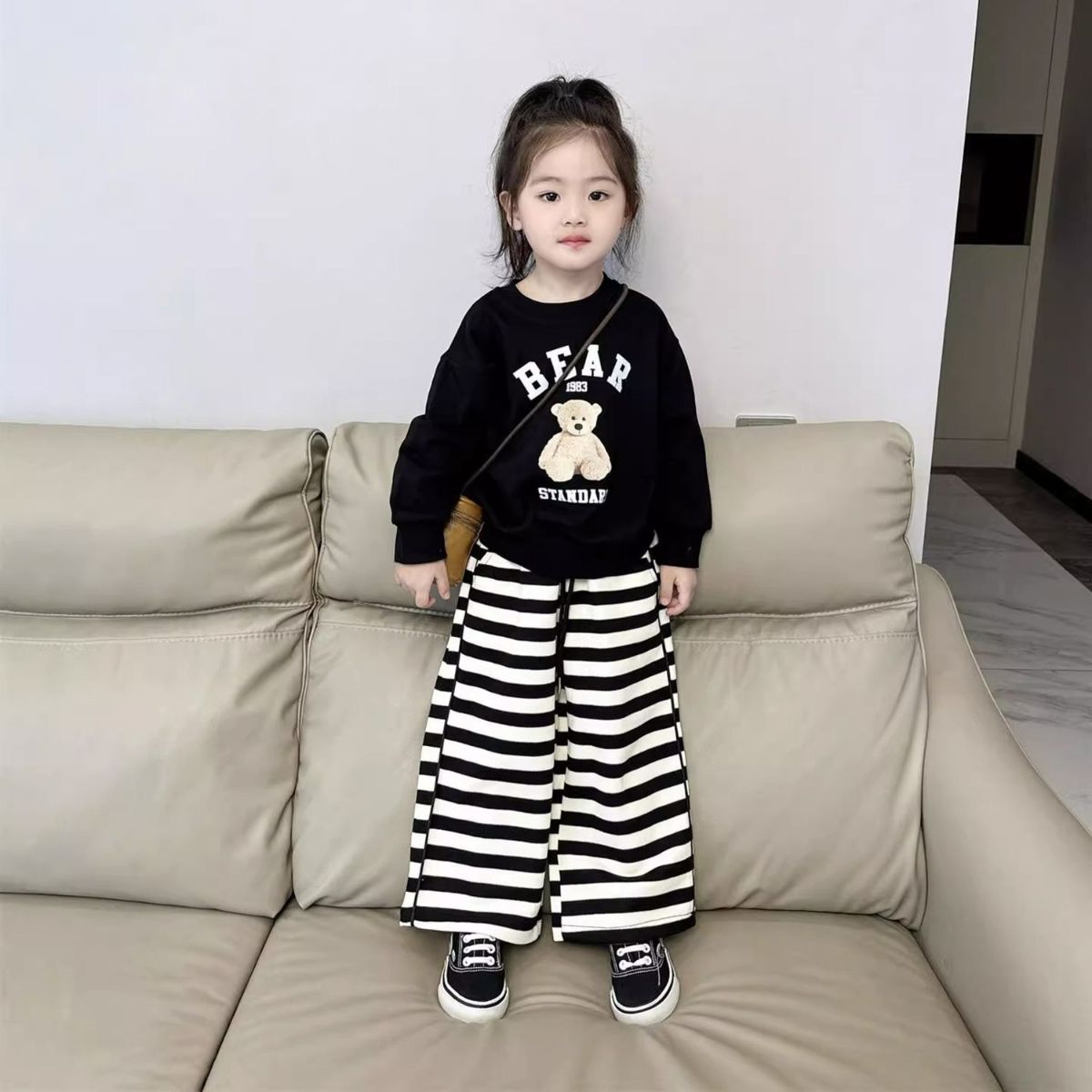 Girls Cartoon Sweatshirt Striped Wide Leg Pants Suit Casual Two-piece Suit