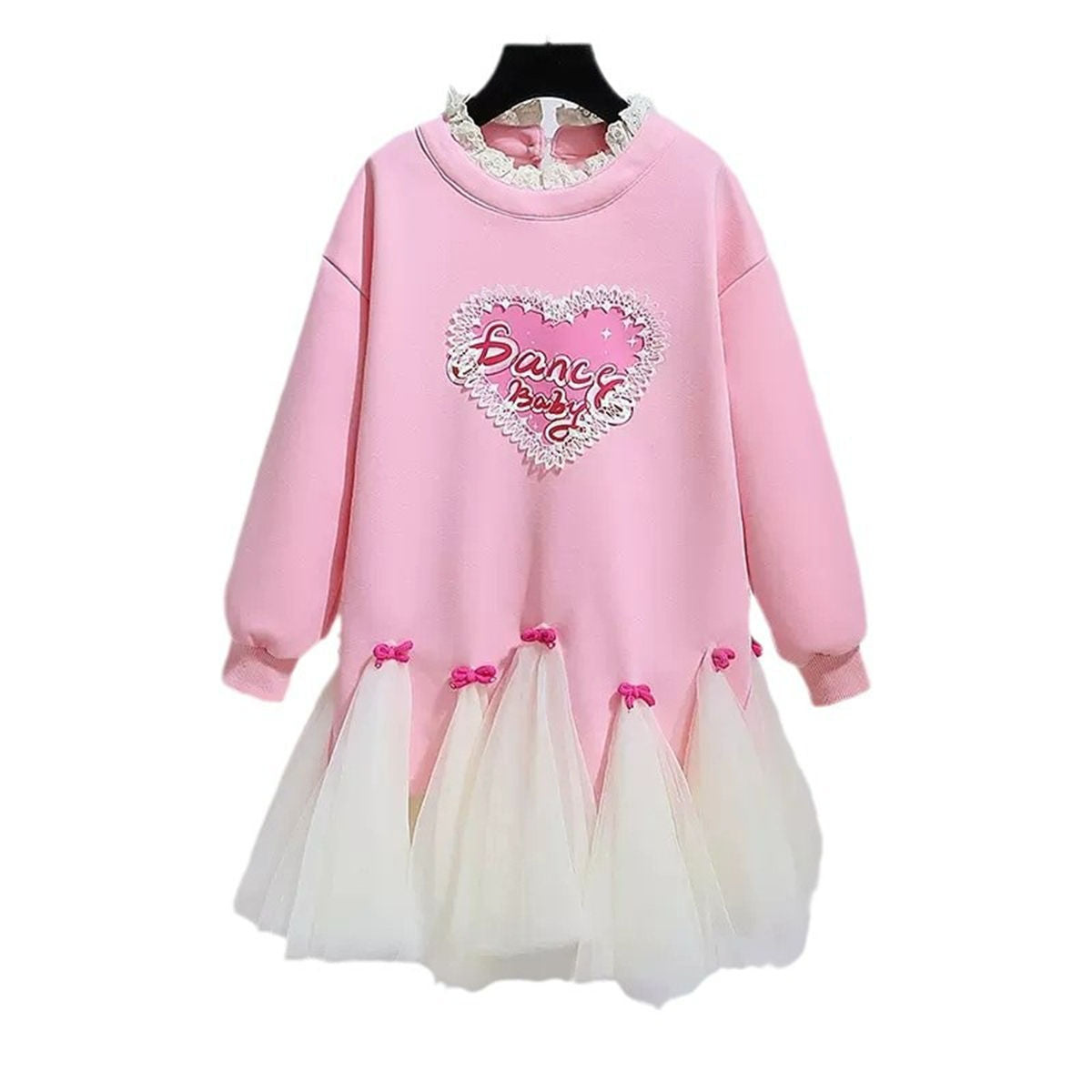 Sweet pink autumn cute bow long-sleeved dress for middle and large girls